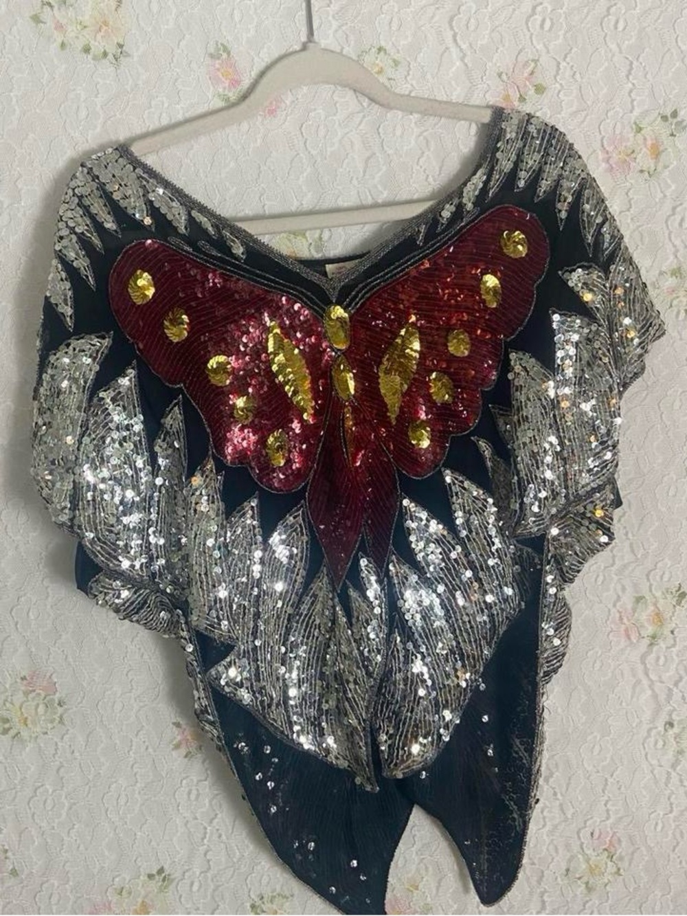 70s/80s Sequin Butterfly Tunic Poncho Top - Black with Red & Silver